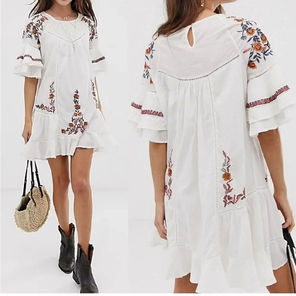 Free People PAVLO White Flutter Orange Floral Embroidered Boho Chic Mini Dress